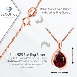 SEA OF ICE Pear Shape Teardrop Natural Gemstones Pendant Necklace -Red Garnet 9x7mm Pear Shape with Sterling Silver necklace 18 Inch - Necklaces for Everyday Wear (Garnet, Rose Gold)