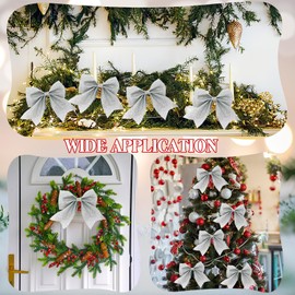 Large Silver Bows for Christmas Tree, 12 Pcs Glitter Christmas Bows for Tree, 22 x 13 cm Large Christmas Bows, Christmas Tree Bows, Silver Wreaths Bows, Silver Christmas Tree Decorations Ornaments