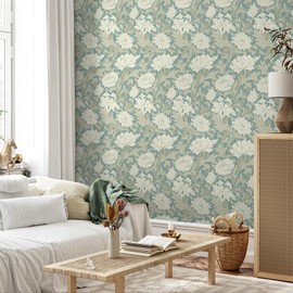 VEELIKE Blue Floral Peel and Stick Wallpaper Vintage Floral Wallpaper for Bedroom Bathroom 17.7''x118'' Removable Botanical Wallpaper Mural Prepasted Wallpaper Floral Contact Paper for Walls Cabinets