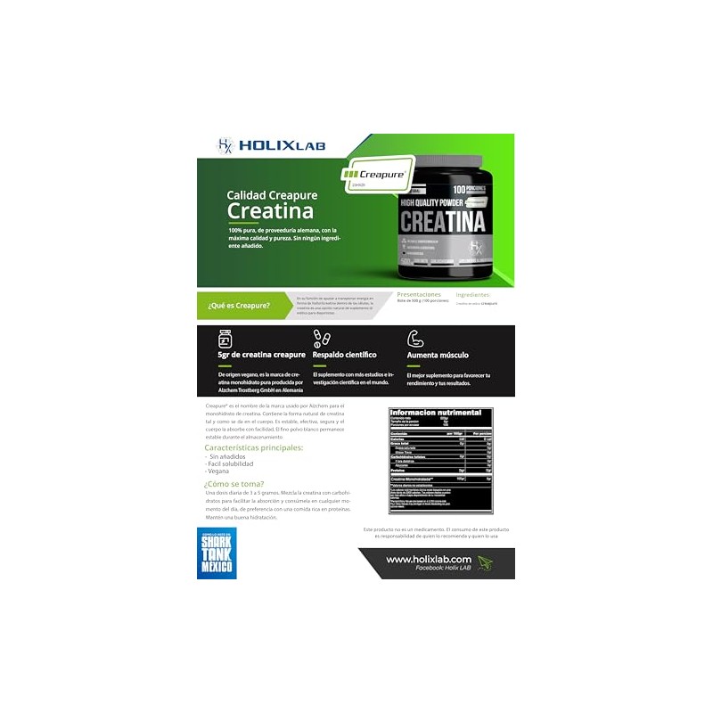 Holix LAB - Creatina Monohidratada - 500 grs, rinde hasta