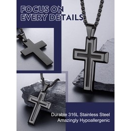Bandmax Black Cross Necklace for Men Stainless Steel Cross Pendant Chain Minimalist Classic Mens Necklaces Gift for Birthday Father's day Christmas