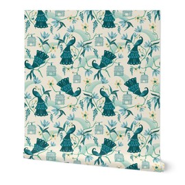 Peel & Stick Wallpaper Swatch - Peacock Chinoiserie Cream Animals Feathers Retro Traditional Nature Botanical Floral Natural Custom Removable Wallpaper by Spoonflower