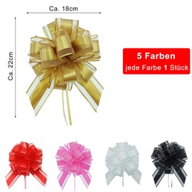 Pack of 5 Large Gift Bow with Gift Ribbon, 5 Colours Pull Bow, Gift Bow for Crafts, Packaging, Colourful Decorative Bows for Gifts, Bags, Wedding, Birthday, Christmas, Pull Gift Bow