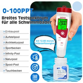 Digital Pool Salt Tester, pH Salt Level Meter for Salt Water Pools with 12.88 mS/cm Calibration Solution, 5 in 1 Salt Water pH Tester, TDS PPM EC Water Reader