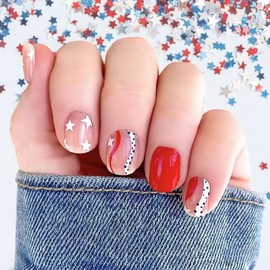 4th of July Press on Nails Short Square Fake Nails Independence Day Acrylic Nails with Design White Five-Pointed Star False Nails Red Natural Full Cover Stick on Nails for Patriotic Woman Manicure DIY