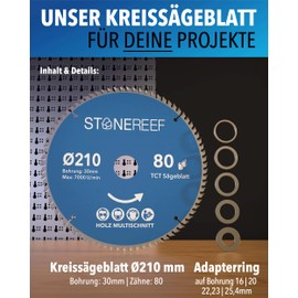STONE REEF Saw Blade 210 x 30 - Circular Saw Blade [Includes Adapter to Bore 20 and 16 mm], Compatible with Angle Grinders from Bosch, Makita etc. - Saw Blade Circular Saw Nail Proof - for Wood, Metal
