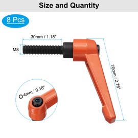 sourcing map 8pcs Lever Adjustable Handles M8 x 30mm Metric Male Thread, Level Clamping Handle Hand Stud Knobs Rotating Screw Handles Bolts with Locking Lever, Orange