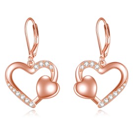 SHEAISRS Rose Gold Heart Dangle Drop Earrings for Women Sterling Silver Heart Lever Back Dangle Earrings Jewelry for Women Wife Her Mom
