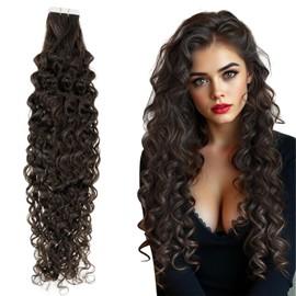 RUNATURE Curly Tape in Hair Extensions Human Hair Dark Brown Tape In Hair Extensions Curly Brown Tape Hair 18 Inch 50 Gram
