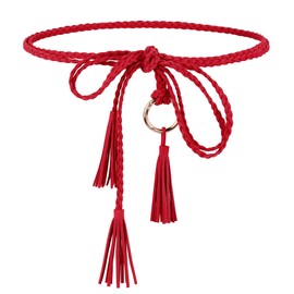 Ayliss Women's Tassel Braided Waist Belt Tie Skinny Woven Belt for Dress Waist Belt Rope Chain with Woven Wooden Beads (Red)