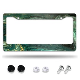 Meikosks Green Gold Liquid Marble License Plate Frame,Metal Aluminum Car Cover Tag Holder Frames,2 Holes with Screw Caps for Men Women 12x6 Inch
