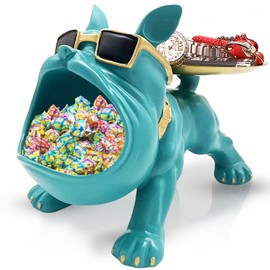 Huhote Resin French Bulldog Tray Statue, Bulldog Candy Dish Key Holder Bowl, French Bulldog Accessories, Statues For Office Desk Home Decor Figurines Entryway Table Decor (Blue Green)