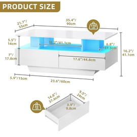 DWVO LED Coffee Table with Storage 4 Drawers, Modern High Glossy Coffee Tables for Living Room, White Rectangle Coffee Table Small Center Table with Open Display Shelf & Sliding Drawers, White