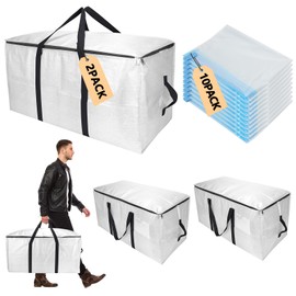 Extra Large Moving Bags with Vacuum Storage Bags Combo – Heavy Duty Totes with Handles & Zippers for Effortless Moving, (Transparent, 12 Park-2 Move bag & 10 Vacuum Seal Bag)