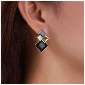 Aneneiceera Vintage Onyx Square Dangle Earrings Black Hollow Square Stud Earrings CZ Crystal Square Earrings Rhinestone Geometric Earrings Jewellery for Women and Girls (Black), Metal