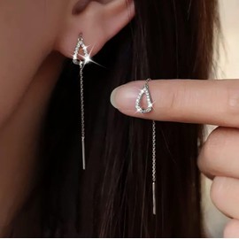 TseenYi Cz Teardrop Threader Earring Crystal Pear Hollow Dangle Earring Long Bar Chain Threader Earring Long Chain Tassel Drop Earring Jewelry for Women and Girls Gifts(Silver)