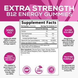 B12 Gummies for Adults, Extra Strength Energy 3000 mcg - B-12 Energy Metabolism & Immune System Support - Chewable Dietary Supplement for Adults & Kids Caffeine Free Gummy Vitamin - 120 Gummies