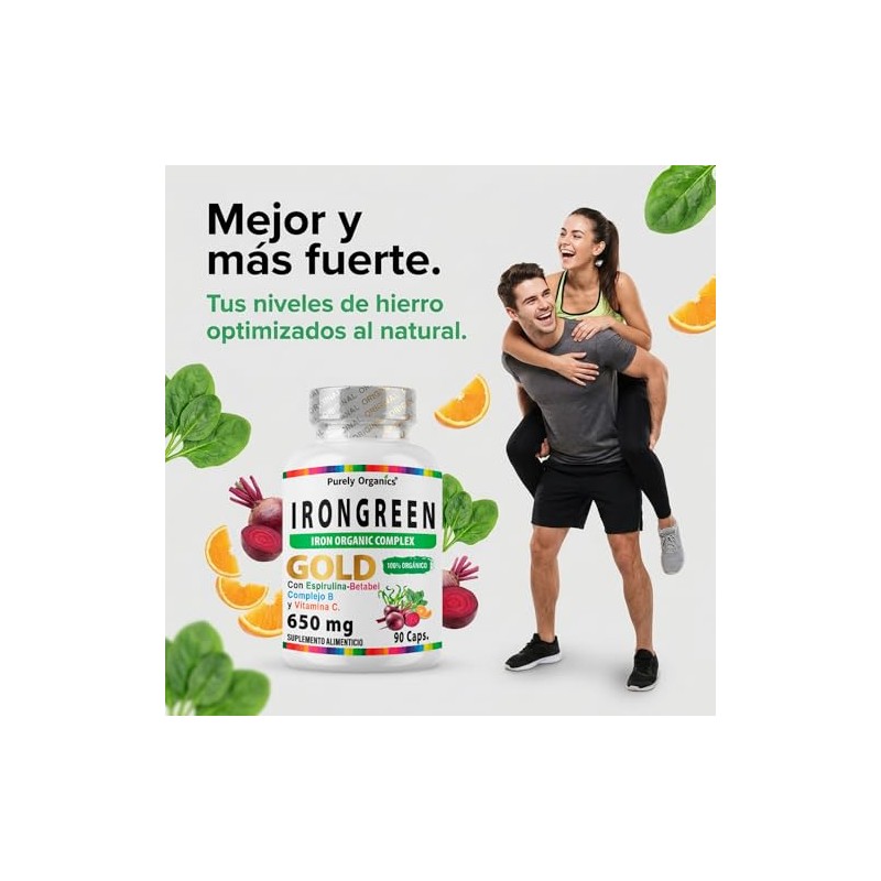 Irongreen Hierro Suplemento Bisglicinato Vitamina Complejo Betabel Espirulina Espinaca Bioperine