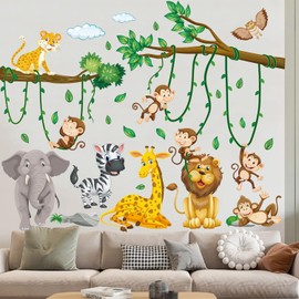 Wall Sticker Jungle Animals Tree Vines Wall Sticker Children's Room Animal Party Wall Sticker Elephant Giraffe Lion Monkey Zebra Owl for Boys Girls Baby Room Bedroom Wall Decoration