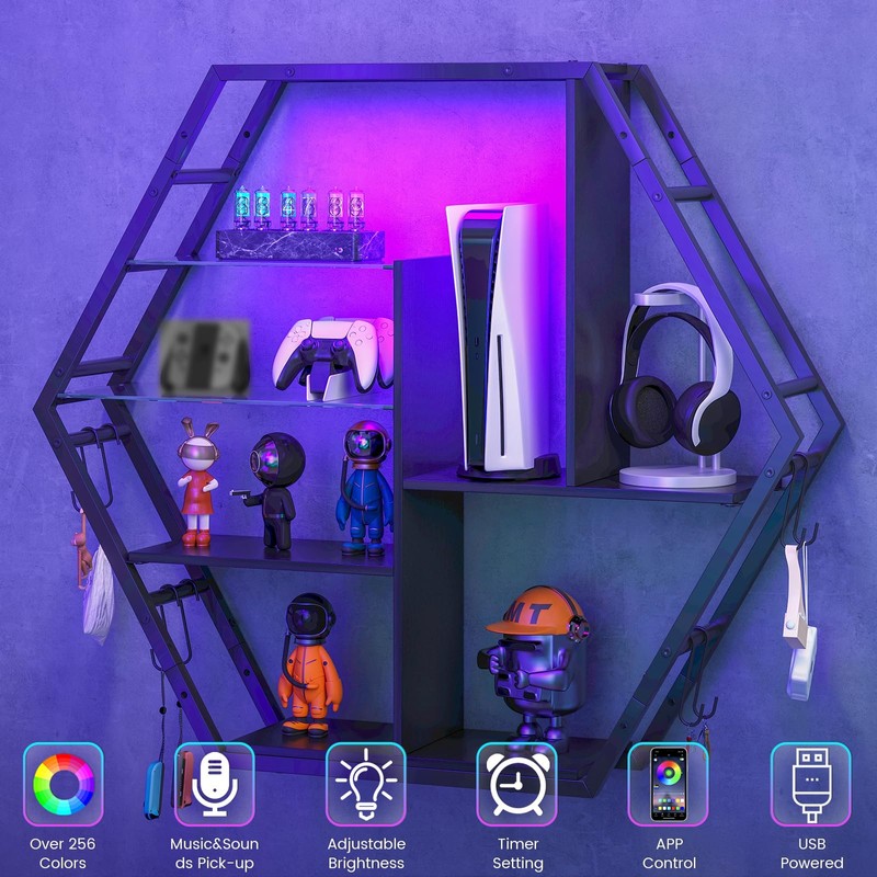 Saudism Floating Shelves with Lights, Led Shelves for Wall, Gaming