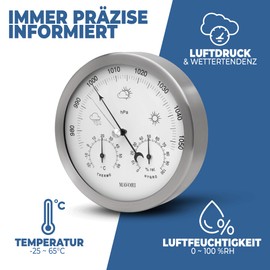 MAVORI® Analogue Weather Station For Indoor And Outdoor Use With Stainless Steel Frame In A Modern Design - Consisting Of Barometer, Hygrometer And Thermometer