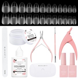 Makartt Nail Glue and Nail Tips kit, Solid Nail Glue Gel 15ML with Almond & Coffin Pre-buffed Gel Fake Nails Portable UV Nail Lamp and Gel Base and Top Coat with Nail File for Nail Art DIY Manicure