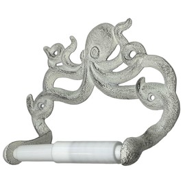 Octopus Toilet Paper Roll Holder – Cast Iron Decorative Wall Mount – Distressed Nautical Finish with Mounting Hardware (White Mist)
