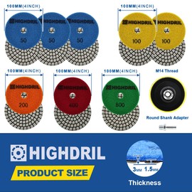 HIGHDRIL Diamond Dry Polishing Discs Set - 8 Pieces 100 mm Grit #50x3/100x2/200/400/800 Diamond Polishing Pads + M14 Plastic Base + Adapter for Granite Marble Artificial Stone Quartz