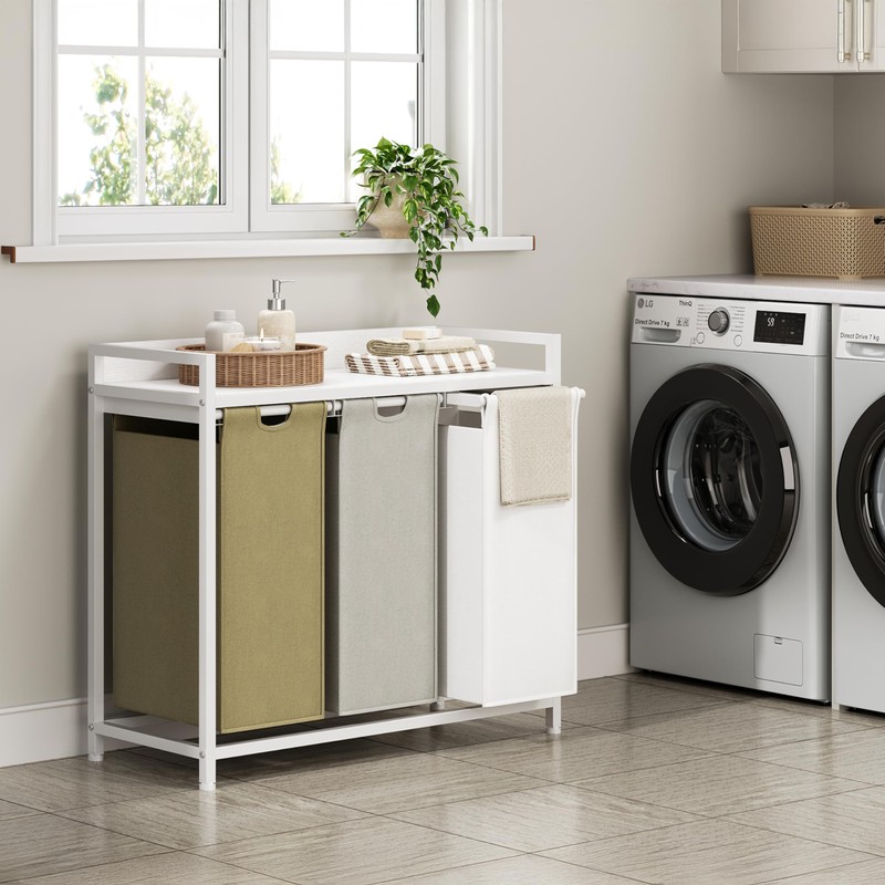 Herture Laundry Hampers with Shelf, Laundry Basket 3 Section, Laundry