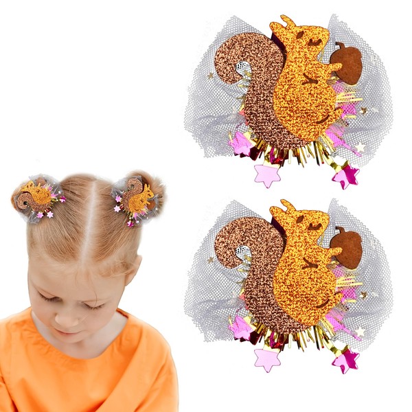 Thanksgiving Hair Bow Clips Glitter Squirrel Mesh Hair Clips Funny