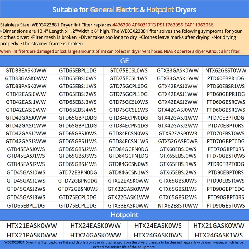 Compatible Lint Filter for GE GTD33GASK0WW, GTD33EASK0WW, GTX33GASK0WW, GTX33EASK0WW Dryer