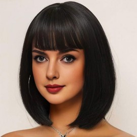 PARXITN Bob Wig with Fringe Black Wig Synthetic Hair Shoulder Length Party Cosplay Wavy Wigs for Women Girls