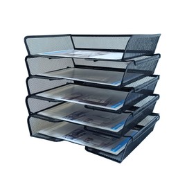 5 Tier Metal Mesh Desk Organizer-Stackable Letter Trays for Office Supplies,Black File Storage System with Reinforced Edges