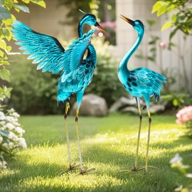Autodaya 36.75" Metal Crane Garden Statue - Handmade Oversize Heron Sculptures with Stable Ground Stakes, Backyard Large Bird Decoration, Metal Garden Art.