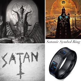 Church of Satan Jewelry Leviathan Cross Satanic Symbol Ring Stainless Steel Carbon Fiber Inlay Band for Men, Stainless Steel