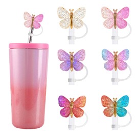 6 tapas y cubiertas con popote con purpurina para tazas de 30 oz y 40 onzas, accesorios reutilizables de silicona para vasos de mariposa que se adapta
