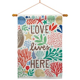 Breeze Decor HS107064-BO-03 Love Lives Here Coastal Nautical Decorative Vertical House Flag Set, 28"x 40" w/Flagpole, Multi-Color