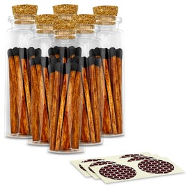 Thankful Greetings Brown & Black 2" Safety Matches | 6 Glass Bottles Each with Cork Top, Striker & 20 Matchsticks (120+ Total) | Decorative Unique & Fun Set for Your Home, Gifts, & Events