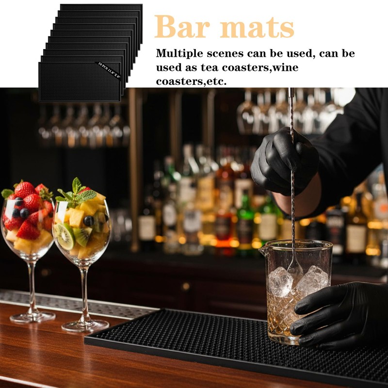 10 Pcs Black Bar Mats, 11.8" x 6" Non-Slip Glass