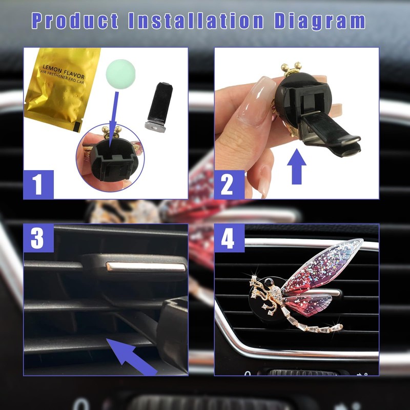 2 x glitzernde Libellen-Lüftungs-Clips, niedliche Kristall-Auto-Lufterfrischer-Clips, Strass-Diamant-Auto-Diffusor, Lüftungsclip für Damen