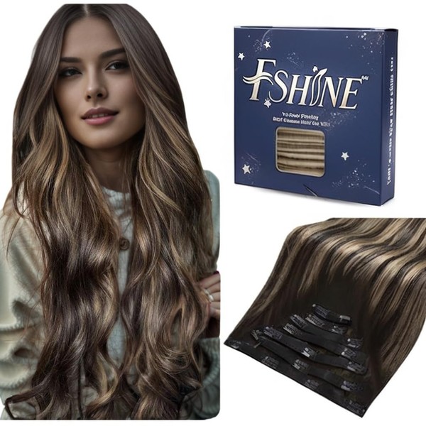 Fshine Balayage Clip in Hair Extensions 18 Inch Black to Caramel Brown and Natural Black Clip in Balayage Human Hair Extensions 7pcs 120 Grams Clip in Real Hair Extensions