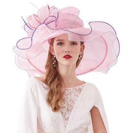 Z&X Women's Organza Sun Hat Flower Church Kentucky Derby Fascinator Wide Brim Bridal Wedding Tea Party Hat Pink