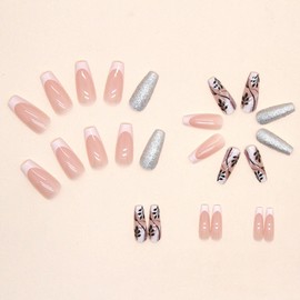 White French Tip Press on Nails Medium Coffin Fake Nails Glossy Glue on Nails Transparent Acrylic Nails Fall False Nails with Black Leaves & Glitter Designs Light Pink Stick on Nails for Women 24Pcs