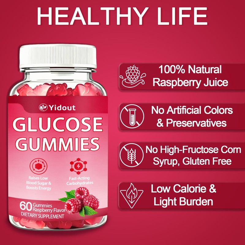 Glucose Gummies Raspberry Flavor, Quick Energy Fuel Support for Active
