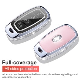 SHANGHONG for Hyundai Key Fob Cover with Keychain Genuine Leather Crystal Key Case Protector Compatible with 2022 2021 2020 Hyundai Sonata Santa fe Tucson (Model2, Pink)