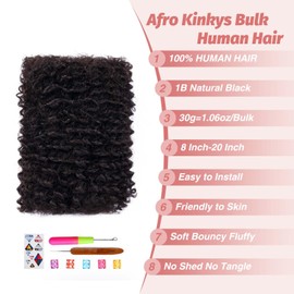 Afro Kinkys Bulk Human Hair for Dreadlock Extensions Braiding Twist Braids Repair Locs Afro Kinky-Curly Human Braiding Hair Bundles For Men Women Kids 20 Inch 4 Bundle 120g Natural Black Soft Fluffy