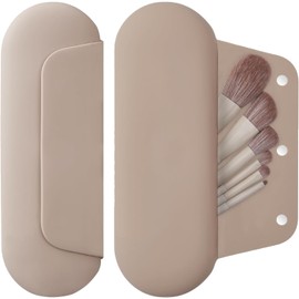 Estuche para Brochas de Maquillaje de Silicona,Soporte para Brochas de Maquillaje Magnético,Cierre Magnético Mejorado,Soporte de viaje Portátil Impermeable para Brochas (Caqui)
