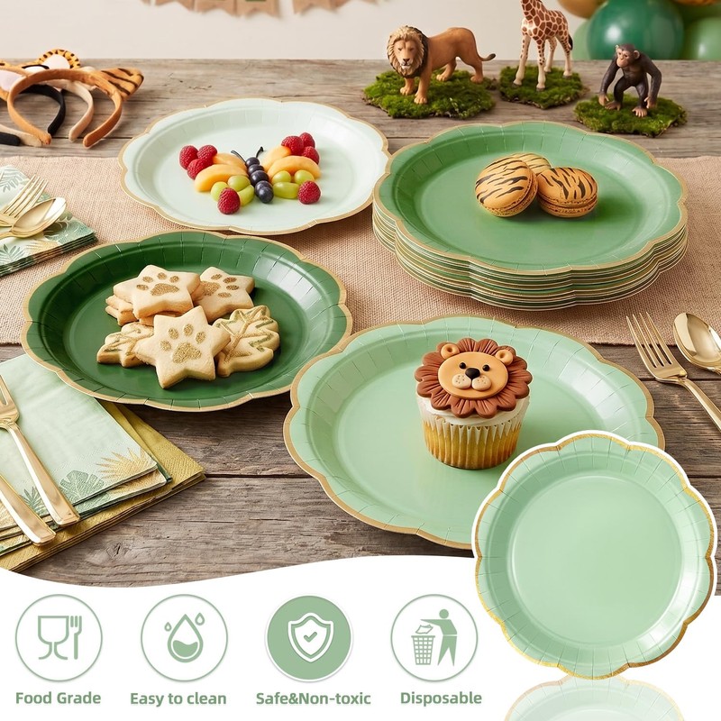 9 Inch Green Gradient Paper Plates, Gold Rim Party Plates