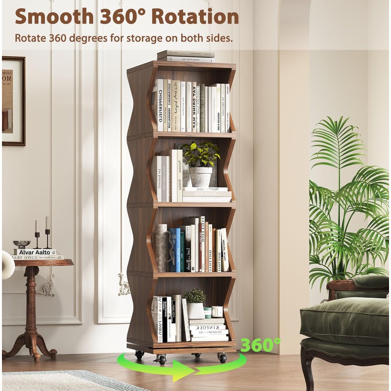 HSH Rotating Bookshelf Tower, 360°Revolving Bookcase with Wheels, Walnut