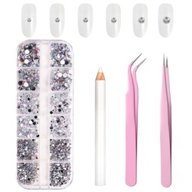 Nail Parts Line Stone 12 Compartments About 1440 Pieces 3D Acrylic Rhinestone Craft Parts DIY Nail Decoration Diamond Heart Rectangle Round with 1 Dot Pen and 2 Pink Tweezers (Round Diamond, White AB